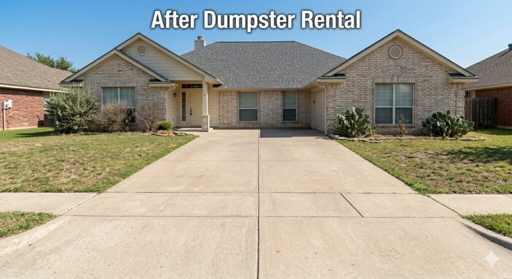 AFTER — Clean driveway in Gruene New Braunfels TX after roofing debris removed by roll-off dumpster