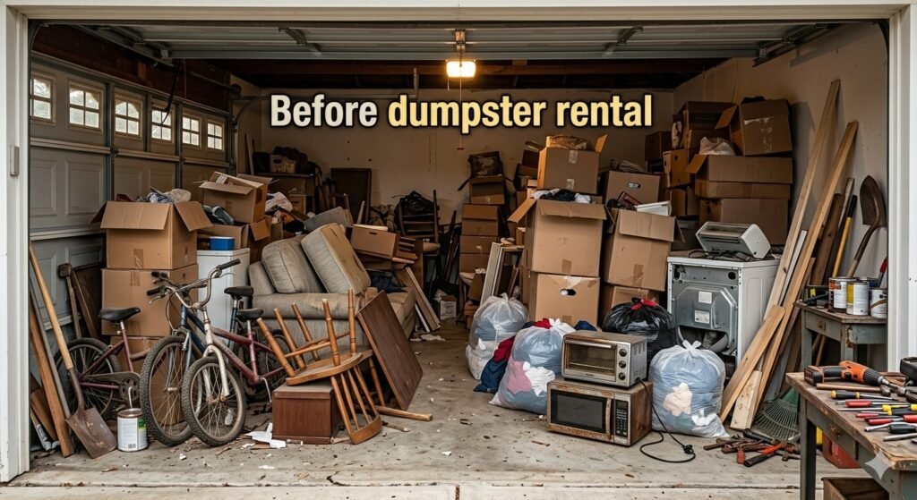 Before dumpster rental — cluttered garage cleanout in New Braunfels TX Vintage Oaks neighborhood