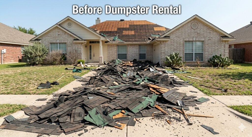 Before dumpster rental — roofing tear-off debris and shingles piled on driveway in Gruene New Braunfels TX