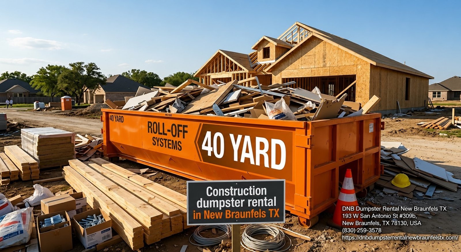 Construction dumpster rental in New Braunfels TX — 40 yard roll-off container for job site debris removal